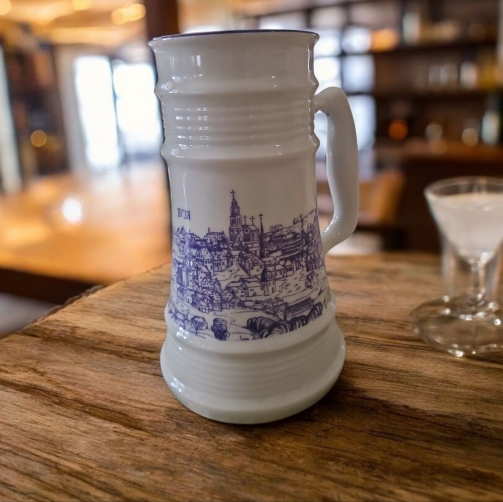 Blue and White Ceramic Mug Stein HUNGRY Signed